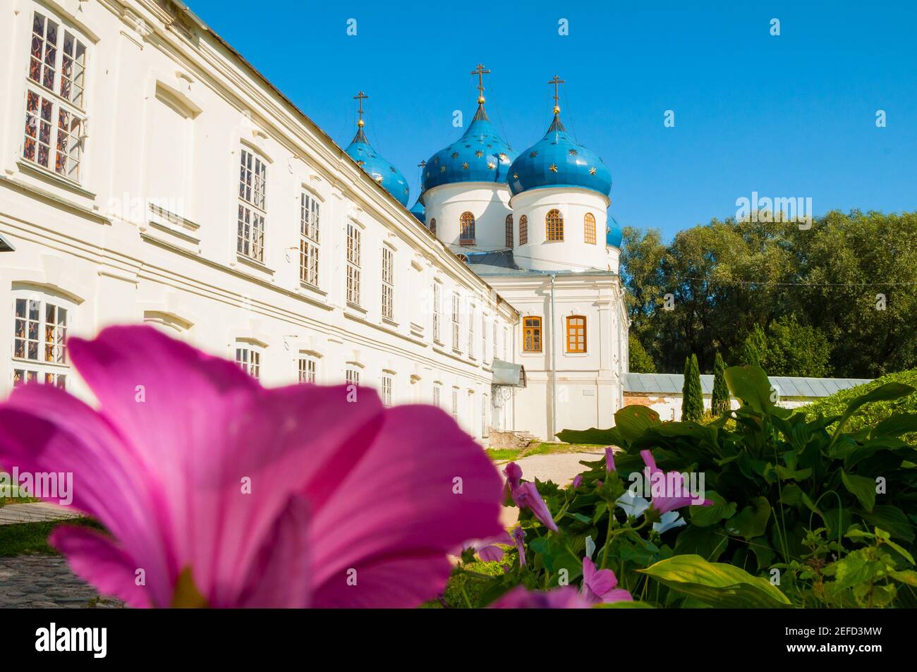 Church of Exaltation of the Cross in Yuriev Monastery in Veliky Novgorod. Focus at the cathedral Stock Photo