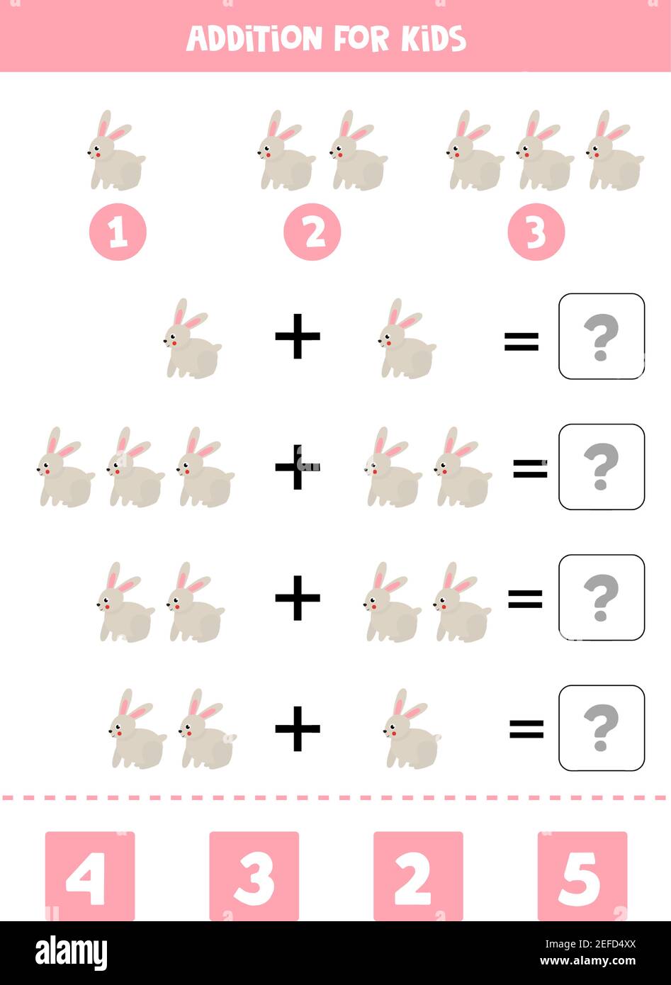 Addition game with cute cartoon rabbit. Math game for kids Stock Vector