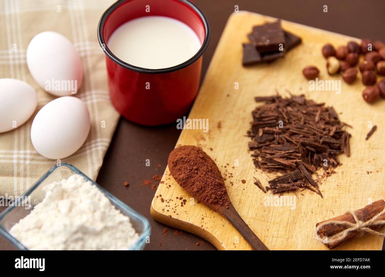 chocolate, cocoa powder, milk, eggs and flour Stock Photo Alamy