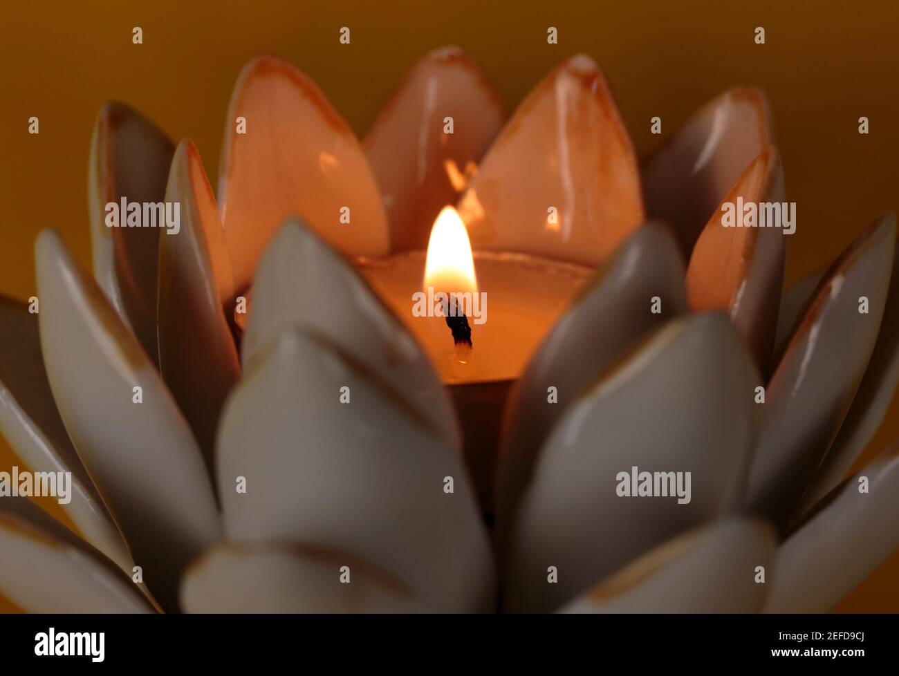 macro detail shot with wide depth of field of candle wick with flame in a lotus flower candle holder on a deep yellow background Stock Photo