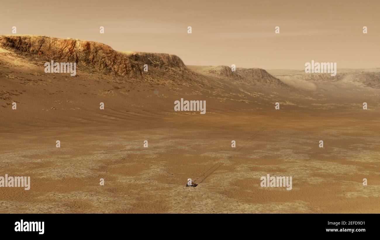 MARS - 2021 - An illustration of NASA's Perseverance rover exploring inside Mars' Jezero Crater. The 28-mile-wide (45-kilometer-wide) crater is locate Stock Photo