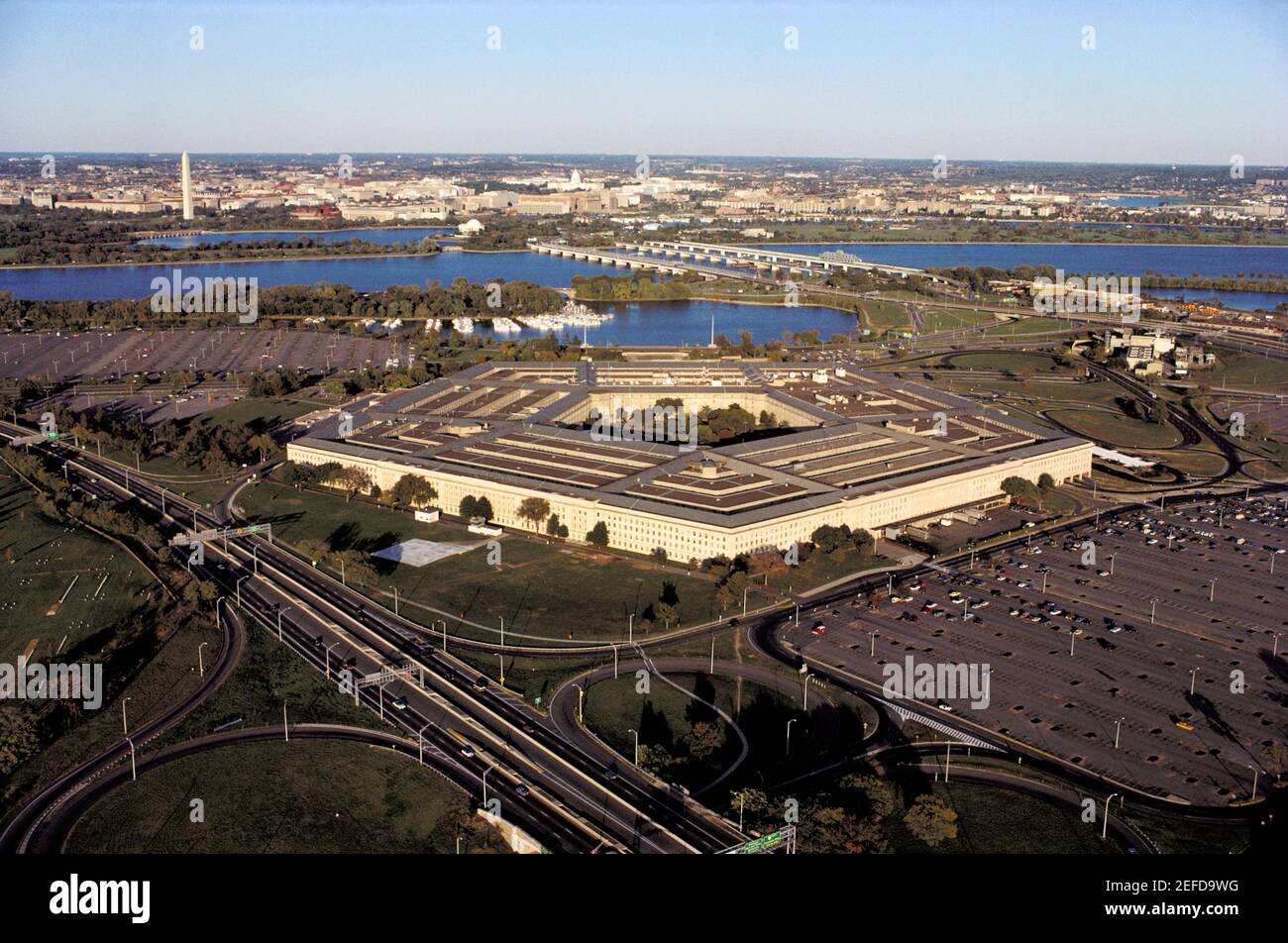 Aerial view of a parking lot beside a military building, The Pentagon