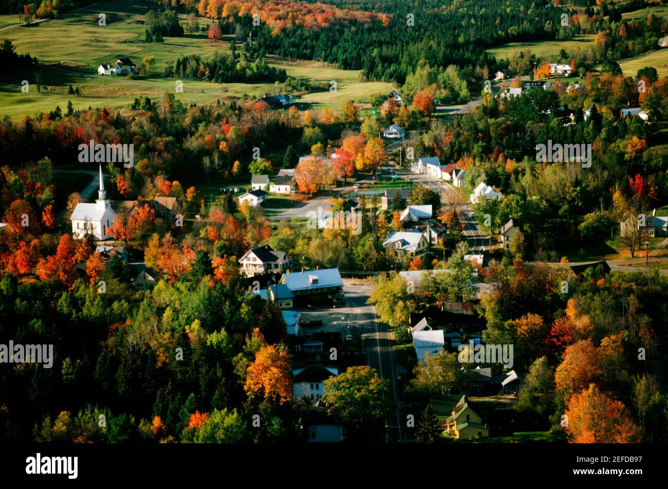 Aerial views of West burke, Vermont showing fall foliage Stock Photo