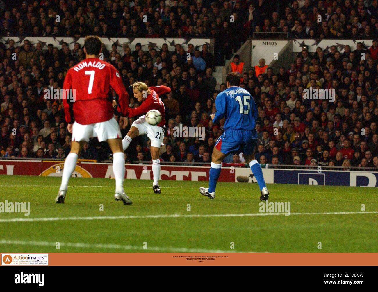 Football - UEFA Champions League , Manchester United v Glasgow Rangers ,  Group E - 4/11/03 Diego Forlan scores his goal against Rangers FC Mandatory  Credit : Action Images / Darren Walsh Livepic Stock Photo - Alamy