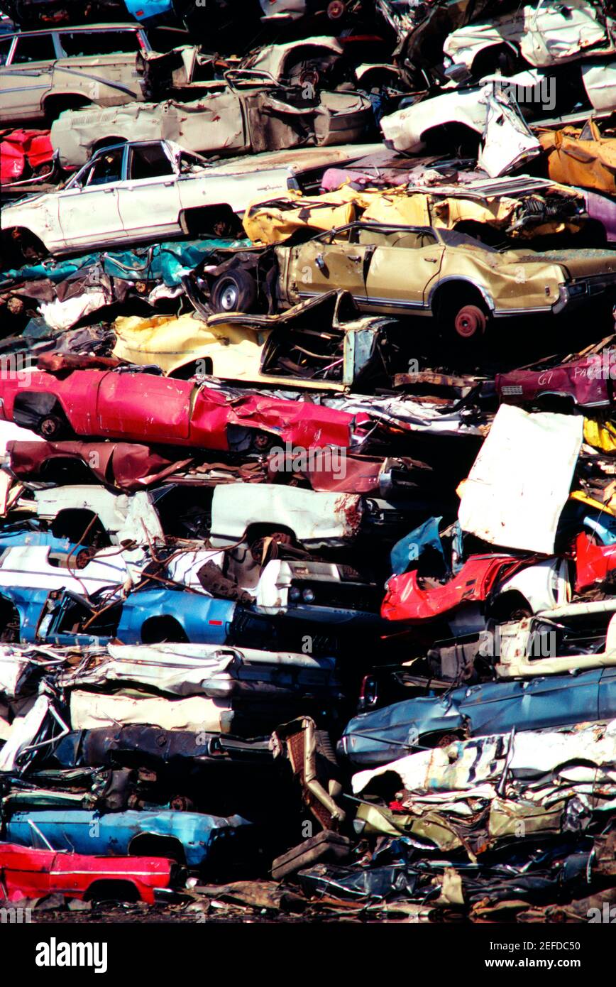 Close up on piles of junk cars, Los Angeles , CA Stock Photo