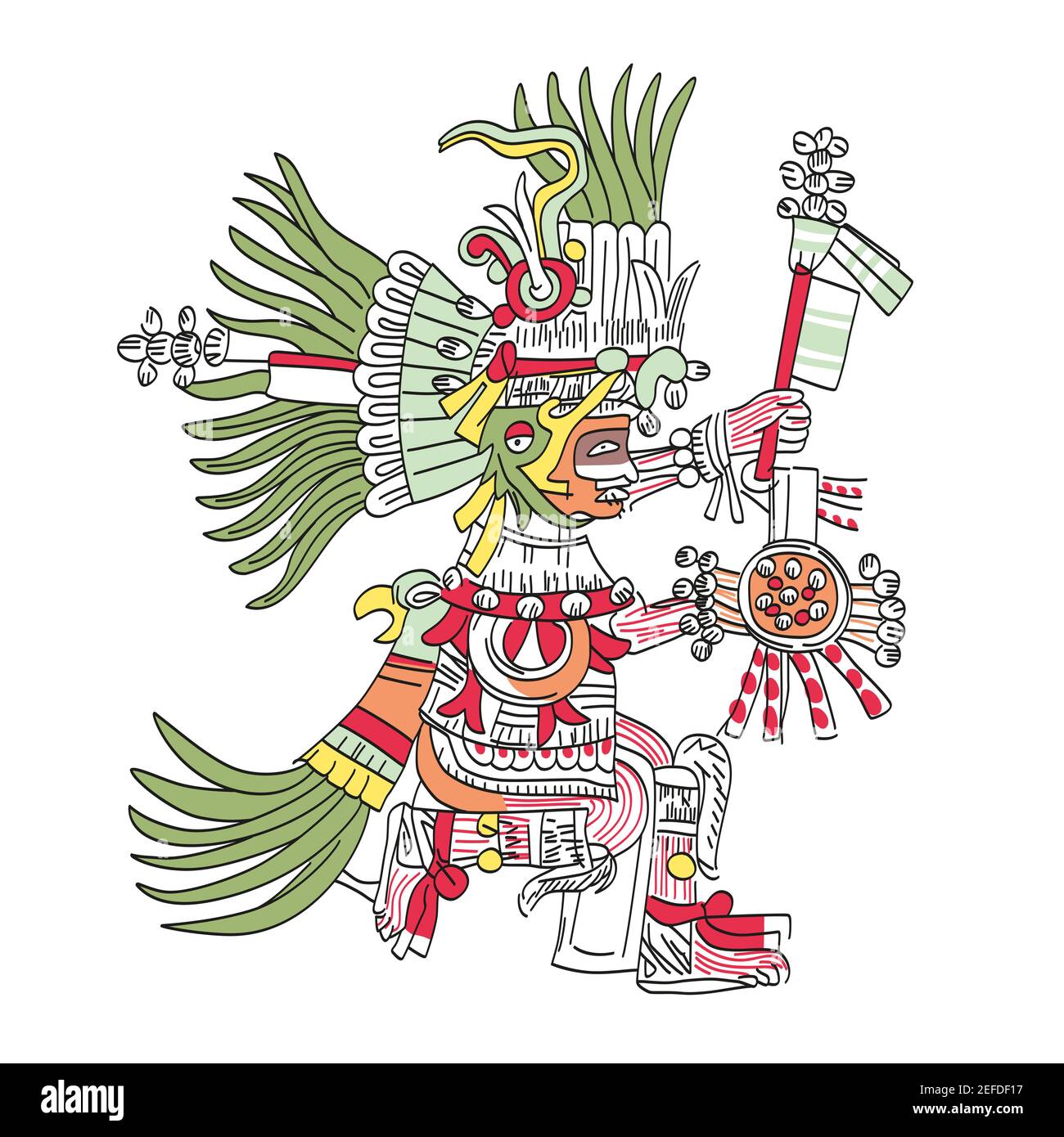 Huitzilopochtli, Aztec god, as depicted in Codex Telleriano-Remensis in 16th century. Deity of war, sun, human sacrifice, patron of Tenochtitlan. Stock Photo