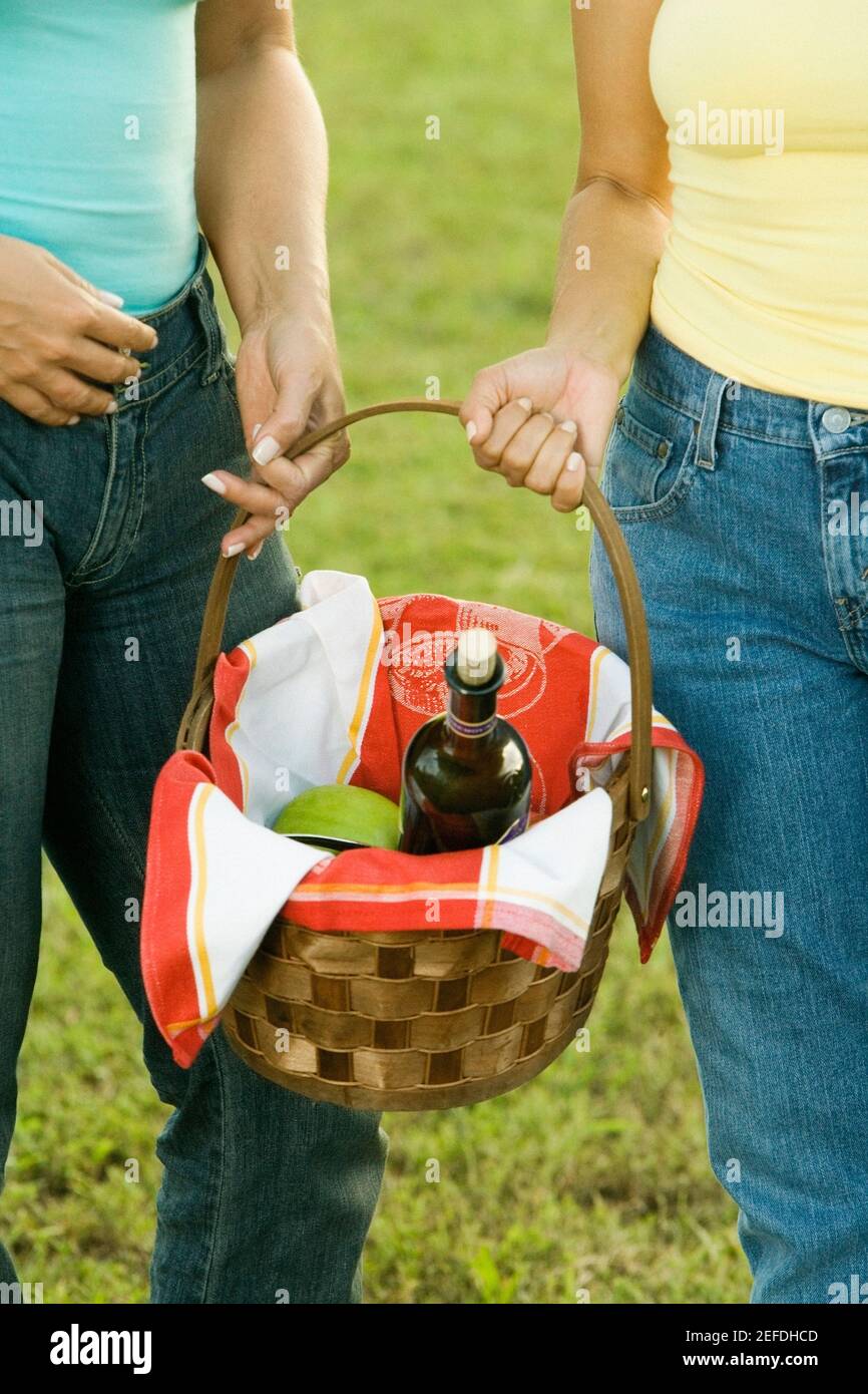 Mid section view of two women holding a picnic basket Stock Photo Alamy