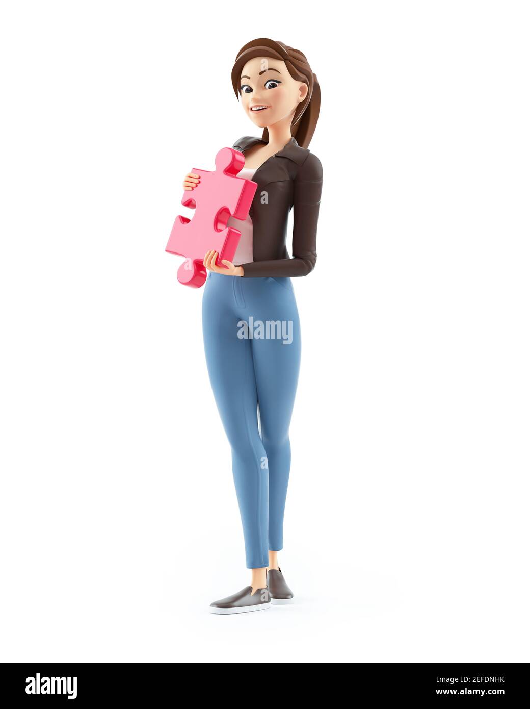 3d cartoon woman holding piece of puzzle, illustration isolated on white background Stock Photo