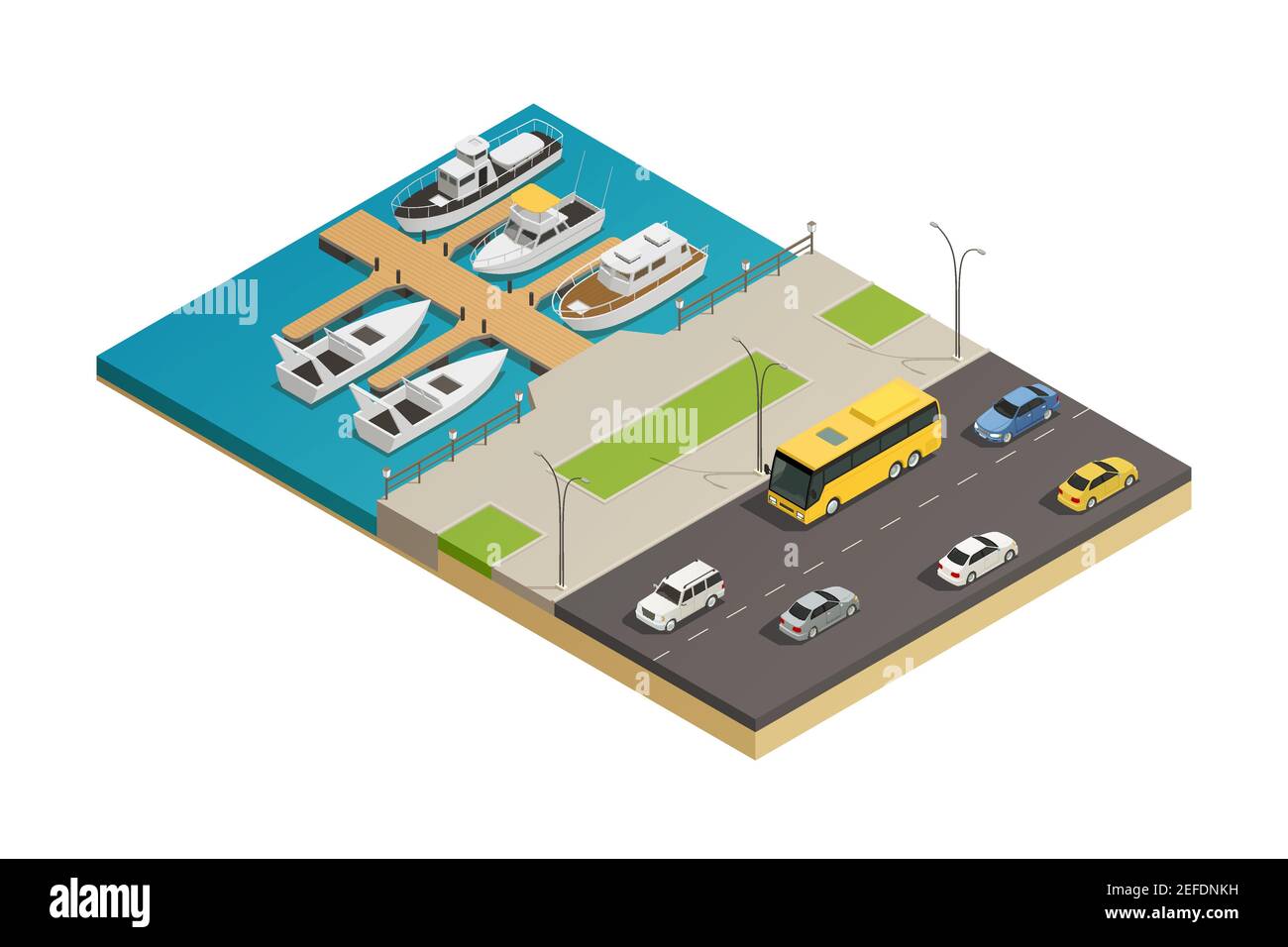 Sea waterfront watercraft mooring quay and motorway road transport isometric composition with vessel and motorboats vector illustration Stock Vector