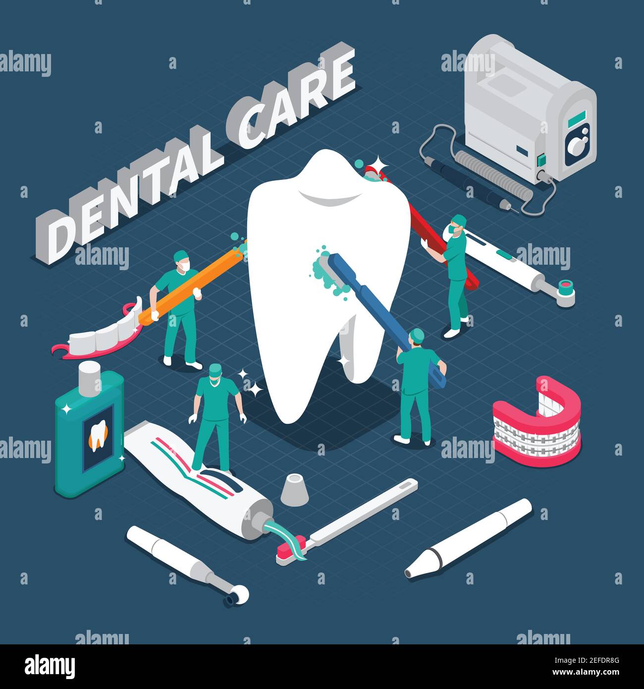 Dental care isometric composition with dentist characters cleaning big healthy tooth by toothbrushes cartoon vector illustration Stock Vector