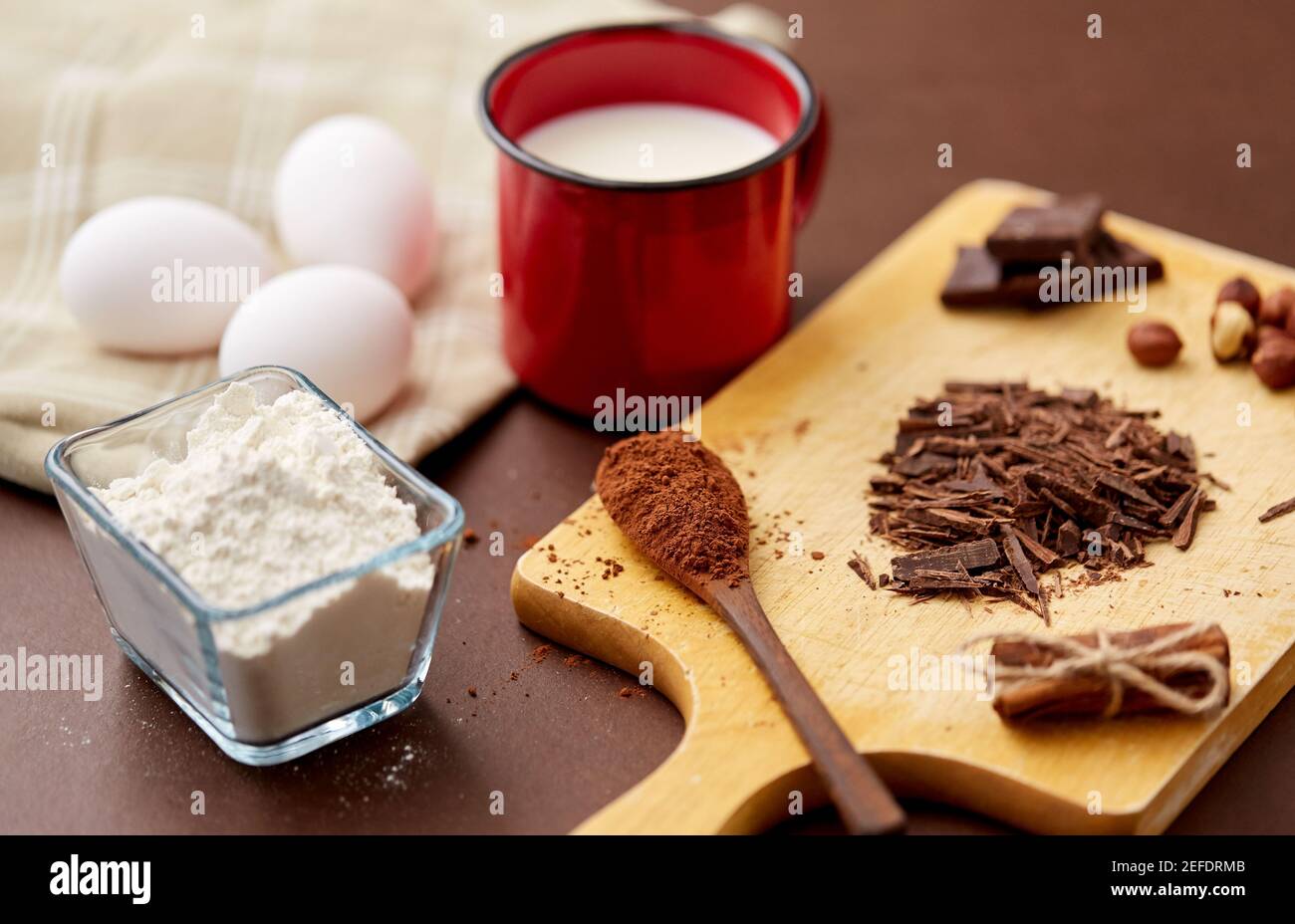 chocolate, cocoa powder, milk, eggs and flour Stock Photo Alamy