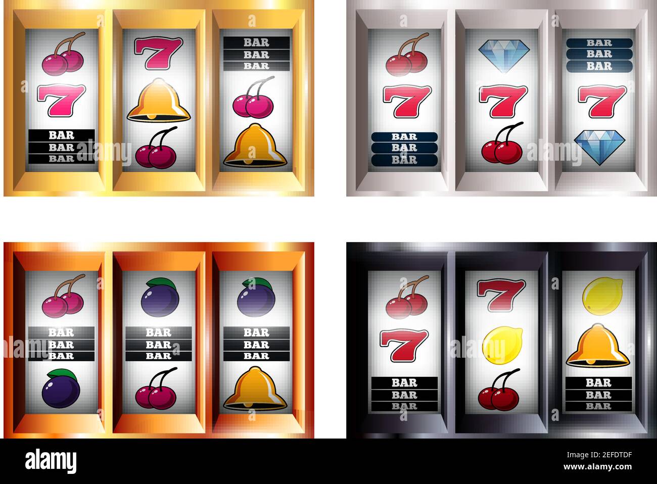 Set of combinations on slot machine with jackpot, bar, fruits, bell on game line isolated vector illustration Stock Vector