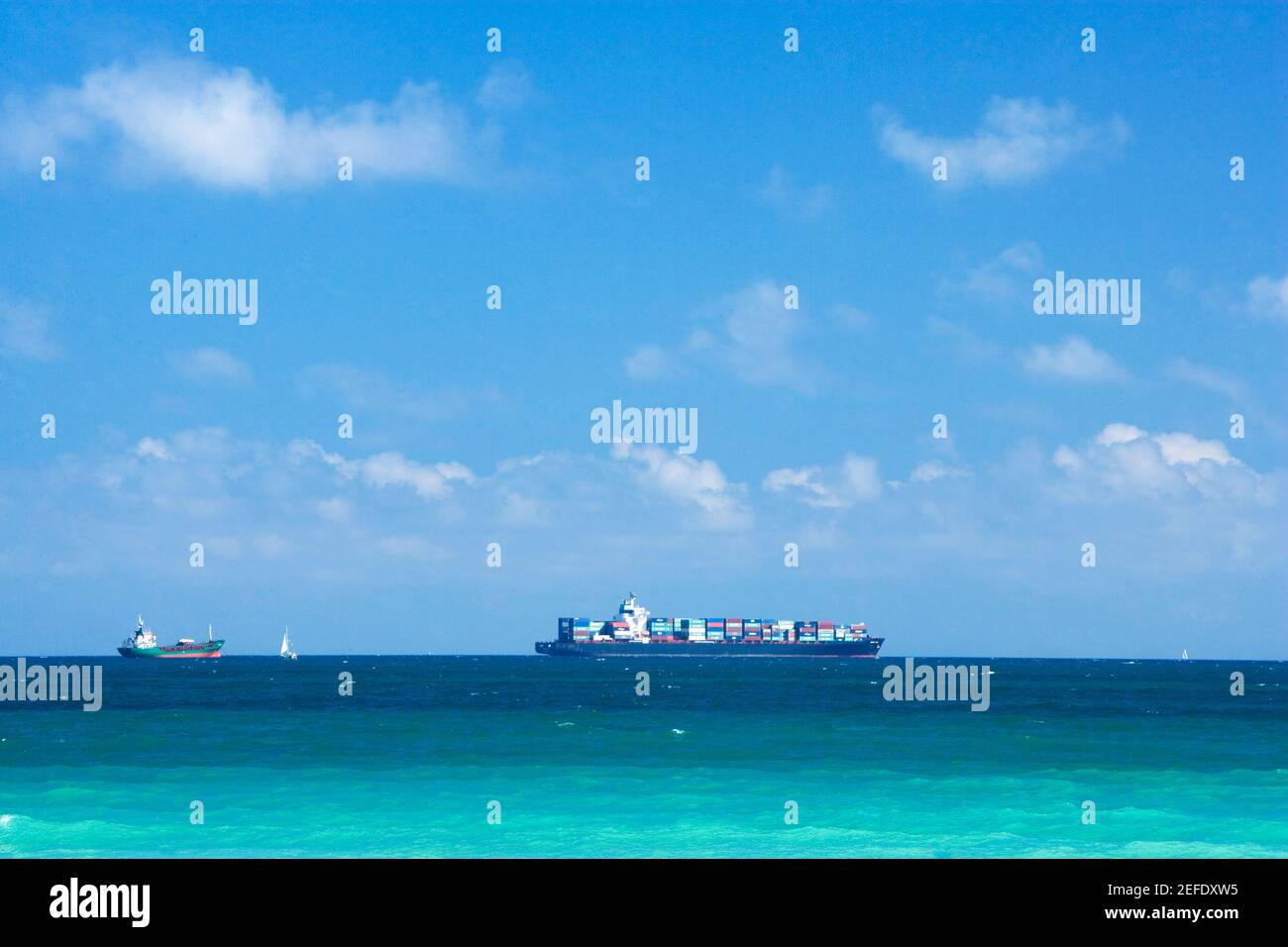 Ship and a boat in the sea, South Beach, Miami, Florida, USA Stock Photo