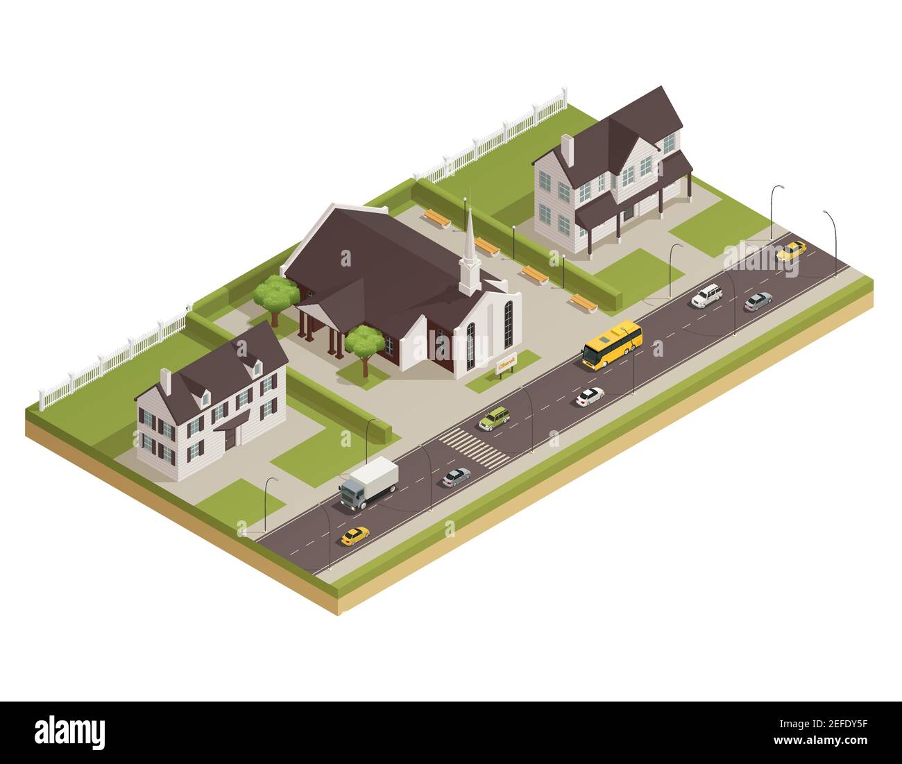 Modern contemporary catholic church white stone building with parking lot and neighboring houses isometric composition vector illustration Stock Vector