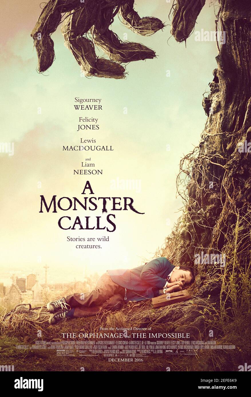 A Monster Calls (2016) directed by Jon Turteltaub and starring  Lewis MacDougall, Sigourney Weaver and Felicity Jones. Adaptation of Patrick Ness' novel about a boy who seeks the help of a tree monster to cope with his single mother's terminal illness. Stock Photo