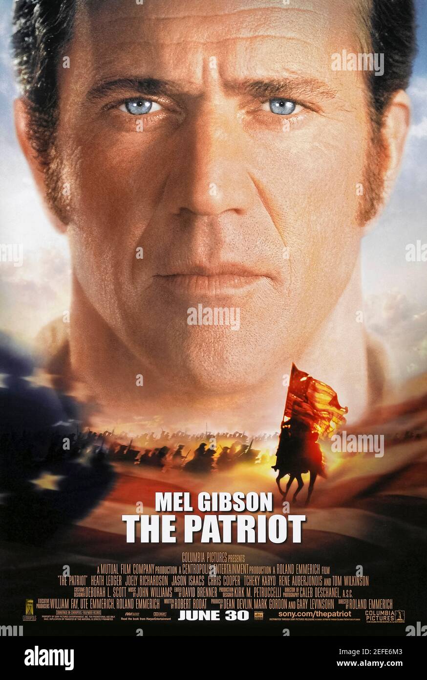 The Patriot (2000) directed by Roland Emmerich and starring Mel Gibson, Heath Ledger and Joely Richardson. A peaceful farmer is driven to lead the Colonial Militia during the American Revolution when a sadistic British officer murders his son. Stock Photo