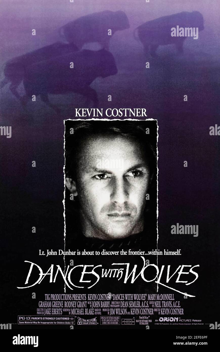 Dances with Wolves (1990) directed by Kevin Costner and starring Kevin Costner, Mary McDonnell and Graham Greene. Lieutenant John Dunbar, assigned to a remote western Civil War outpost, befriends wolves and Indians, making him an intolerable aberration in the military. Stock Photo