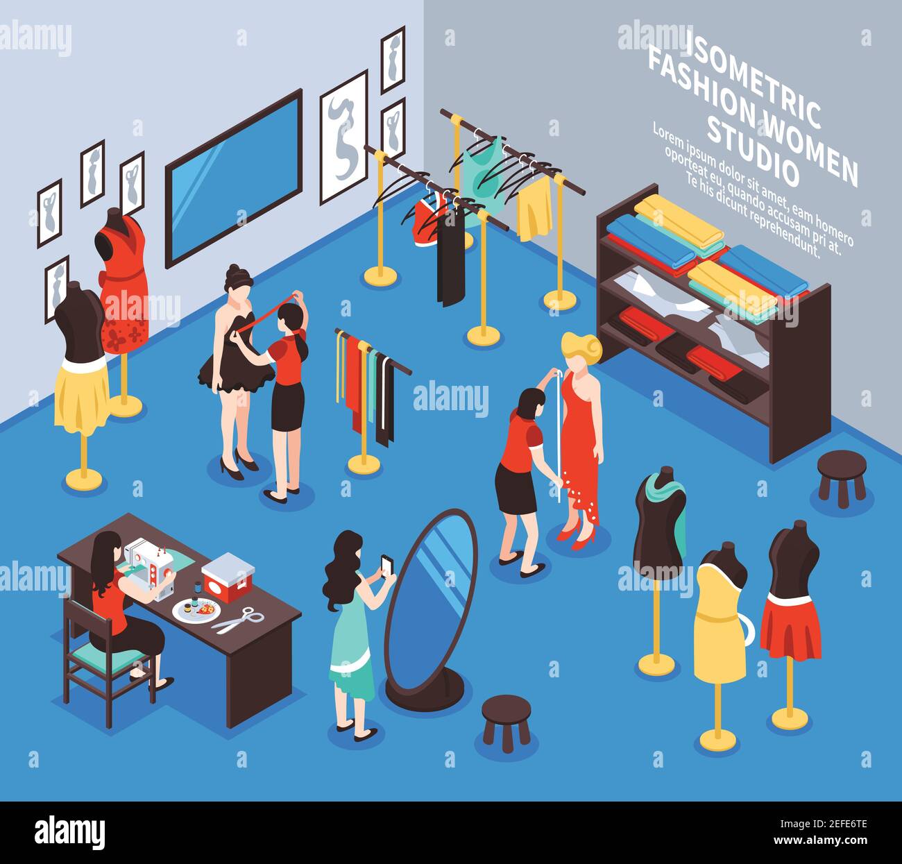 Atelier studio and fashion background with women and clothes isometric ...