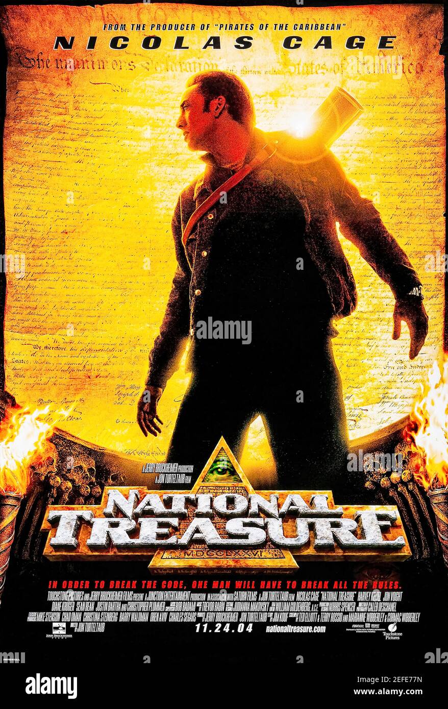 National Treasure (2004) directed by Jon Turteltaub and starring Nicolas Cage, Diane Kruger and Justin Bartha. A historian races to find the legendary Templar Treasure before a team of mercenaries. Stock Photo