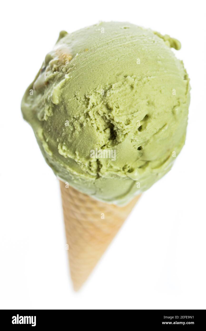 An ice cream cone with pistachio ice cream from bird's eye view Stock Photo Alamy