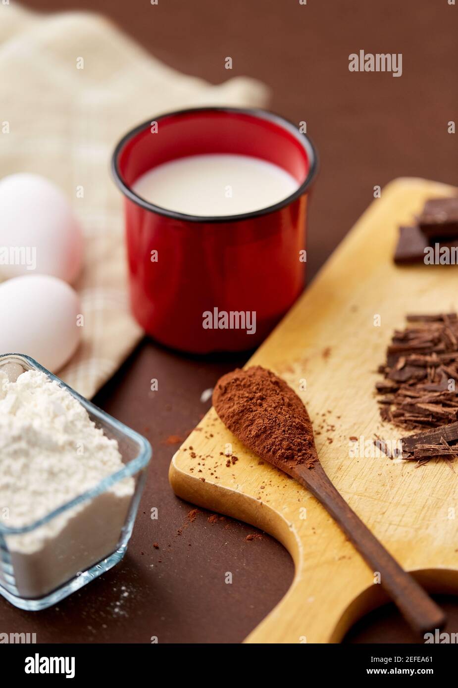 chocolate, cocoa powder, milk, eggs and flour Stock Photo Alamy