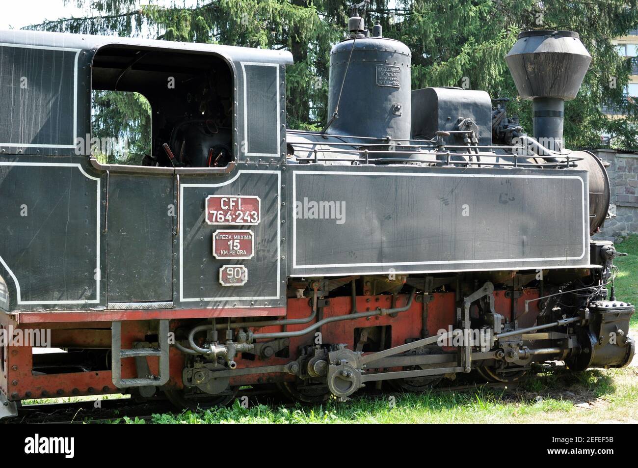 Front side view of a locomotive train on forest background Stock Photo