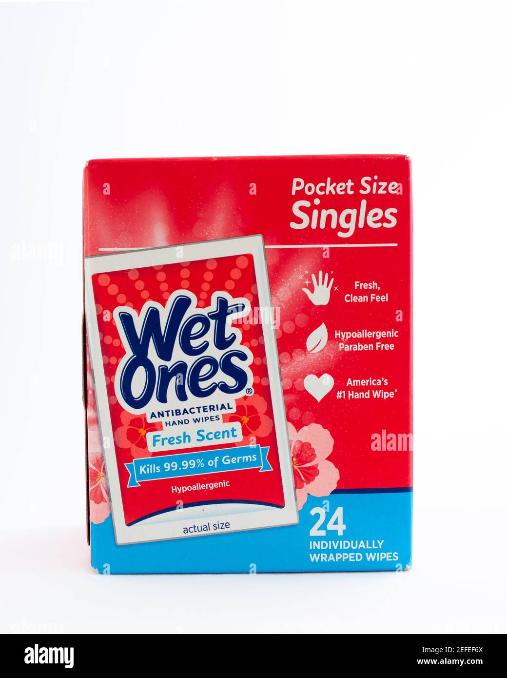 A box of 24 individually wrapped Wet Ones, antibacterial hand wipes that kill 99.99% of germs to prevent the spread of diseases. Stock Photo