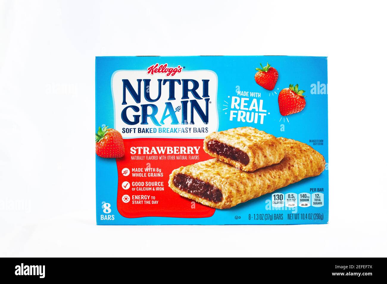 A box of 8 Kellogg's Nutri Grain Strawberry soft baked breakfast bars made with real fruit and whole grains Stock Photo