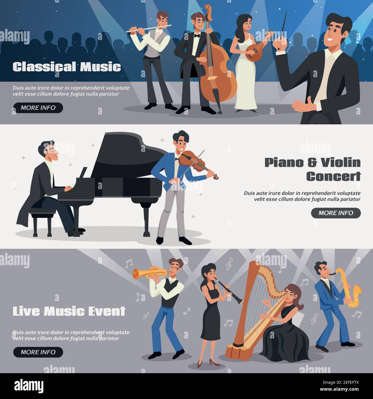 Three horizontal musician banner set with classical music piano and