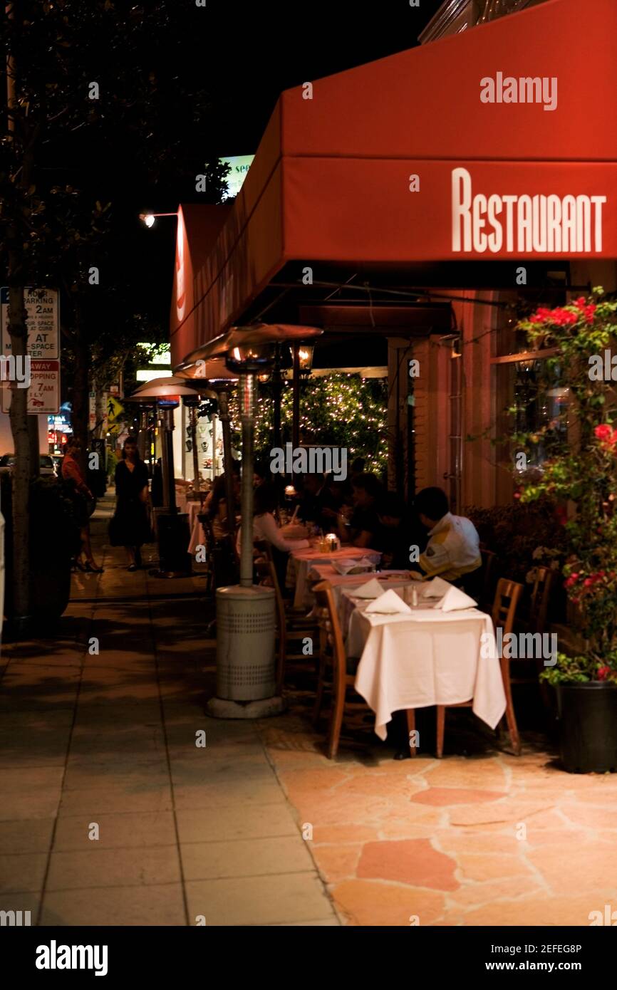 Tables and chairs set up at an outdoor cafe, Los Angeles, California