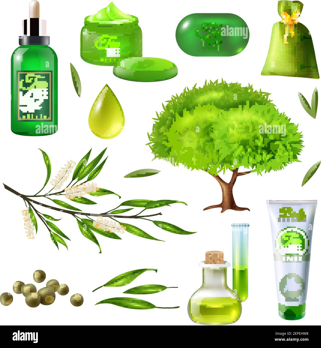 Products of tea tree set including parts of plant, oil droplet, soap ...