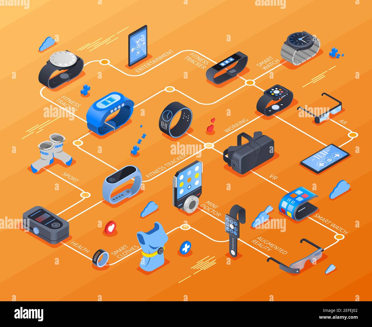 Wearable technology isometric flowchart with fitness trackers, health devices, augmented reality glasses on orange background vector illustration Stock Vector