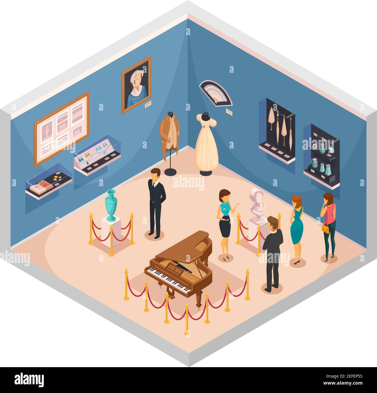 People viewing museum exhibits isometric composition with guide conducting excursion on theme of historical fashion and interior items vector illustra Stock Vector