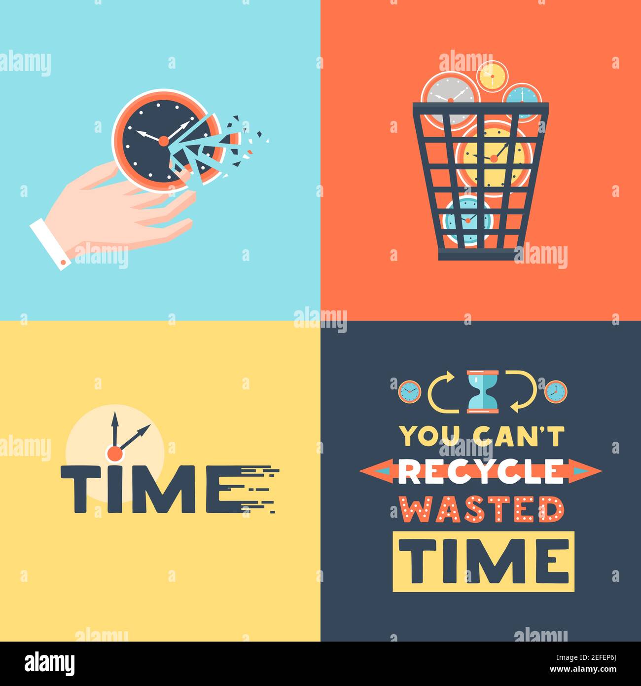 Wasted time concept 4 flat icons square  with useless activities  trash basket and clock symbols vector illustration Stock Vector