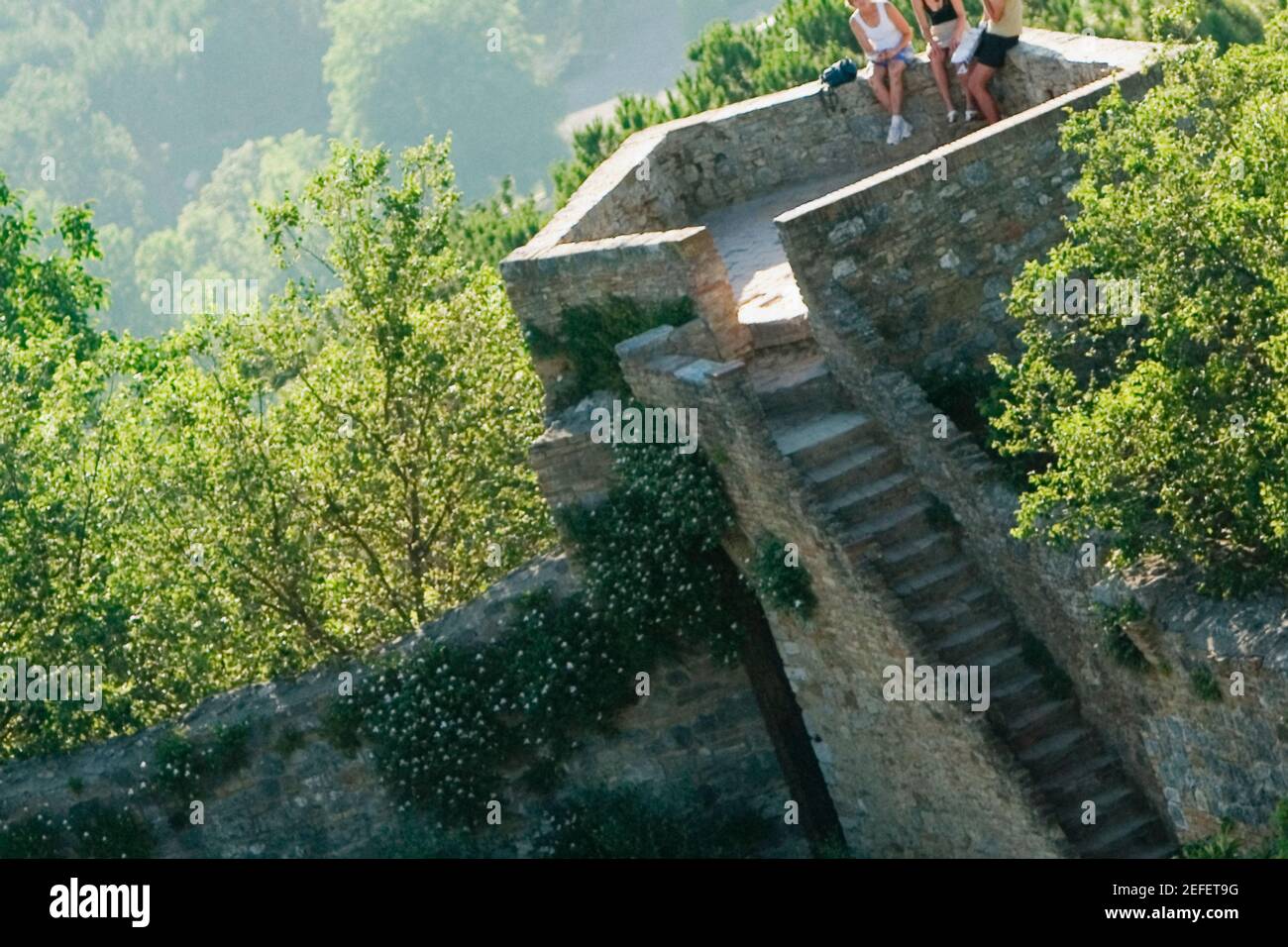 High angle view of tourists at an observation point, La Rognosa, San Gimignano, Siena Province, Tuscany, Italy Stock Photo