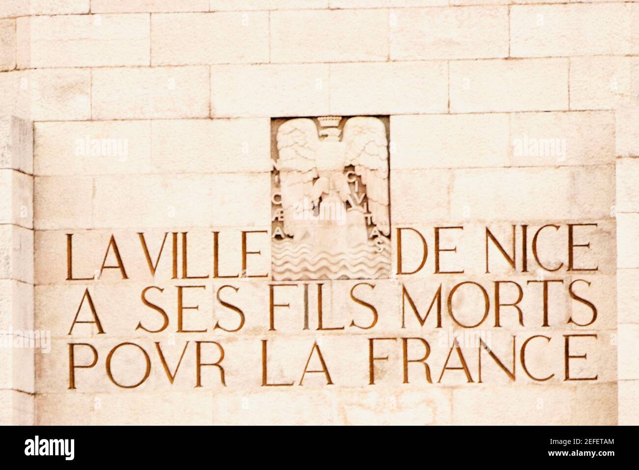 Text carved on a wall, Monument Aux Morts, Cote dÅ½Azur, Cannes, Provence Alpes Cote DÅ½Azur, France Stock Photo