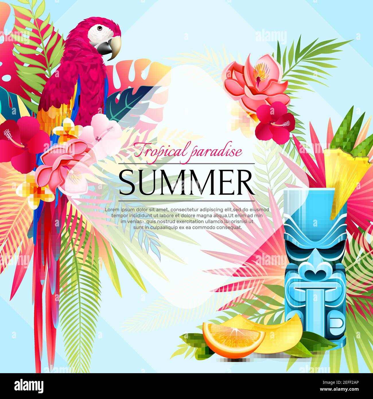 Tropical summer parrots frame poster with compositions of leaves fruit ...