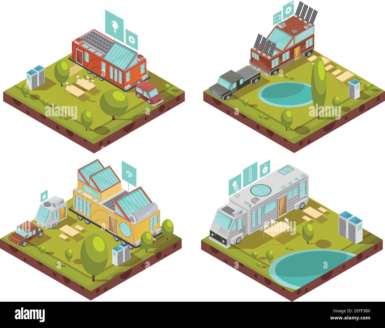 Isometric compositions with mobile house, roof solar panels ...