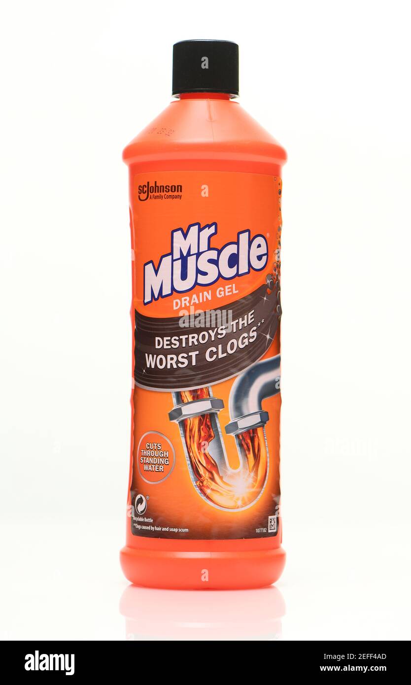 Mr Muscle sink un-blocker drain gel bottle on a white background with reflection. Stock Photo