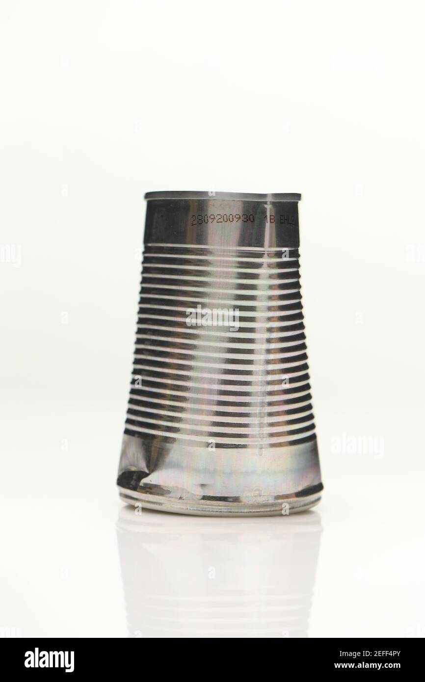 De-labelled Aluminium food cans shot on white background with reflection Stock Photo