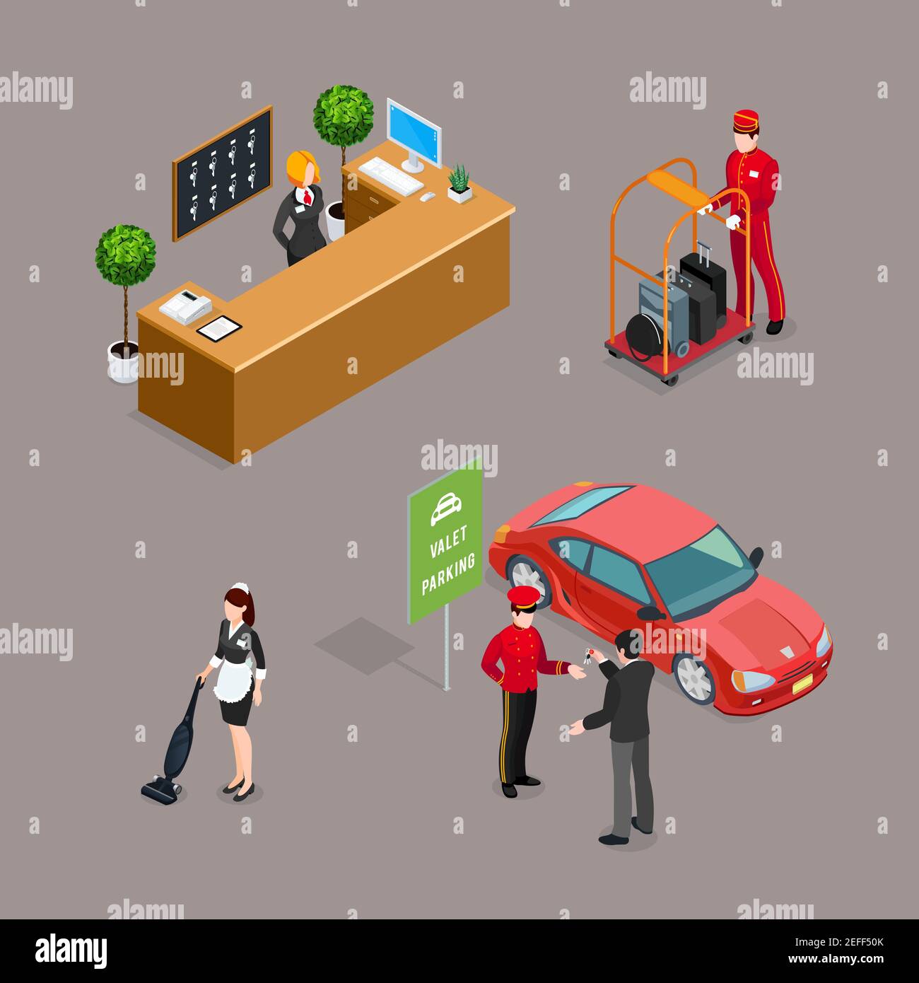 Hotel service isometric icons set with taxi driver visitor cleaner ...