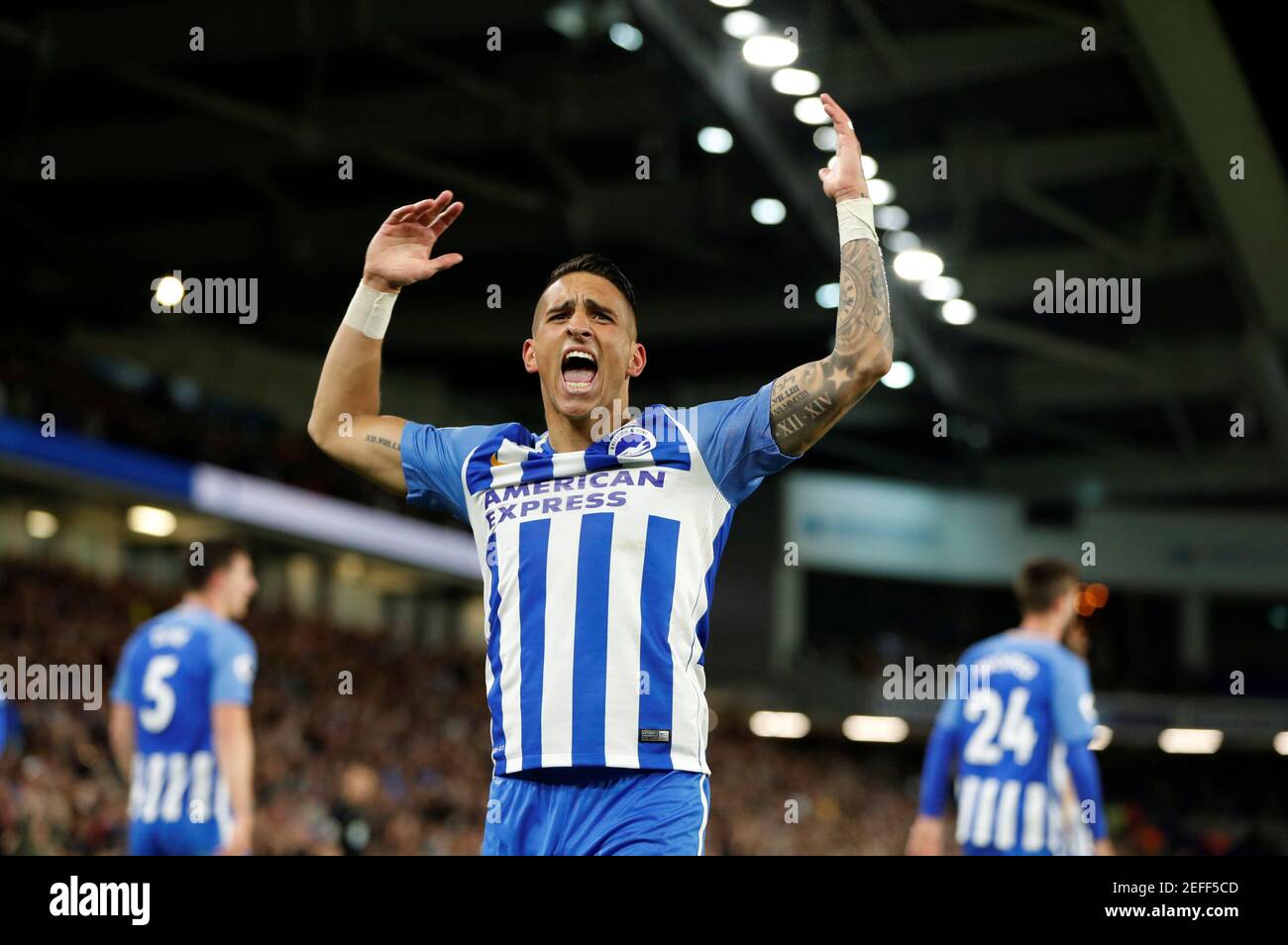 Soccer Football - Premier League - Brighton & Hove Albion v Manchester United - The American Express Community Stadium, Brighton, Britain - May 4, 2018   Brighton's Anthony Knockaert celebrates after Pascal Gross scores their first goal     Action Images via Reuters/Paul Childs    EDITORIAL USE ONLY. No use with unauthorized audio, video, data, fixture lists, club/league logos or 'live' services. Online in-match use limited to 75 images, no video emulation. No use in betting, games or single club/league/player publications.  Please contact your account representative for further details. Stock Photo