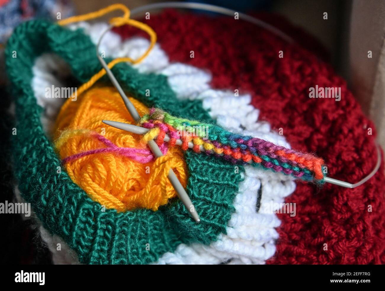 Berlin, Germany. 03rd Feb, 2021. Knitting needles lie with first