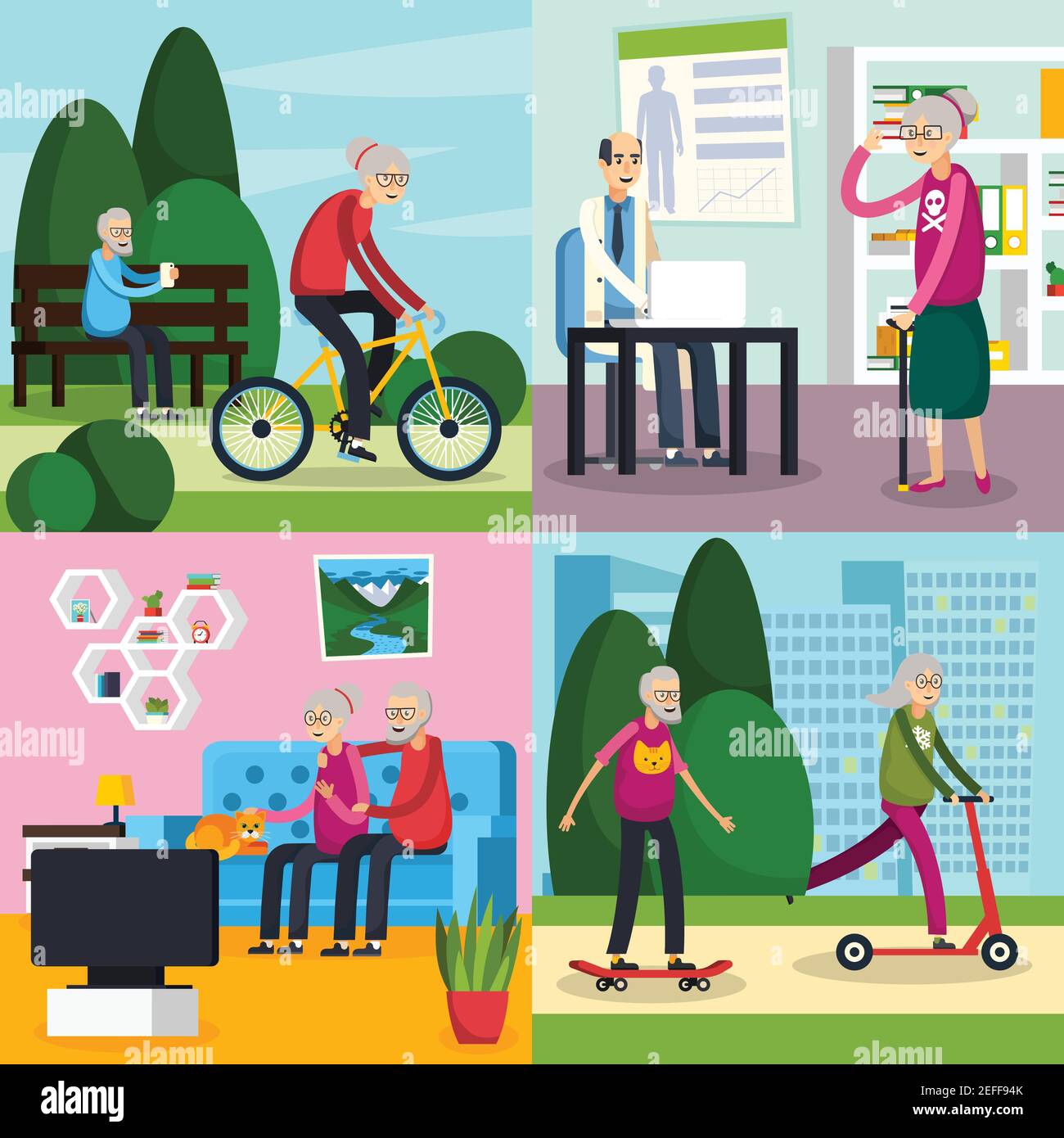 Four square aged elderly people orthogonal composition set with old people spend their free time vector illustration Stock Vector