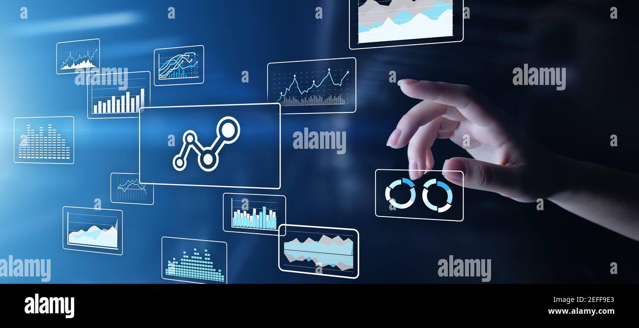 Big data analysis, business intelligence, technology solutions concept on virtual screen Stock Photo