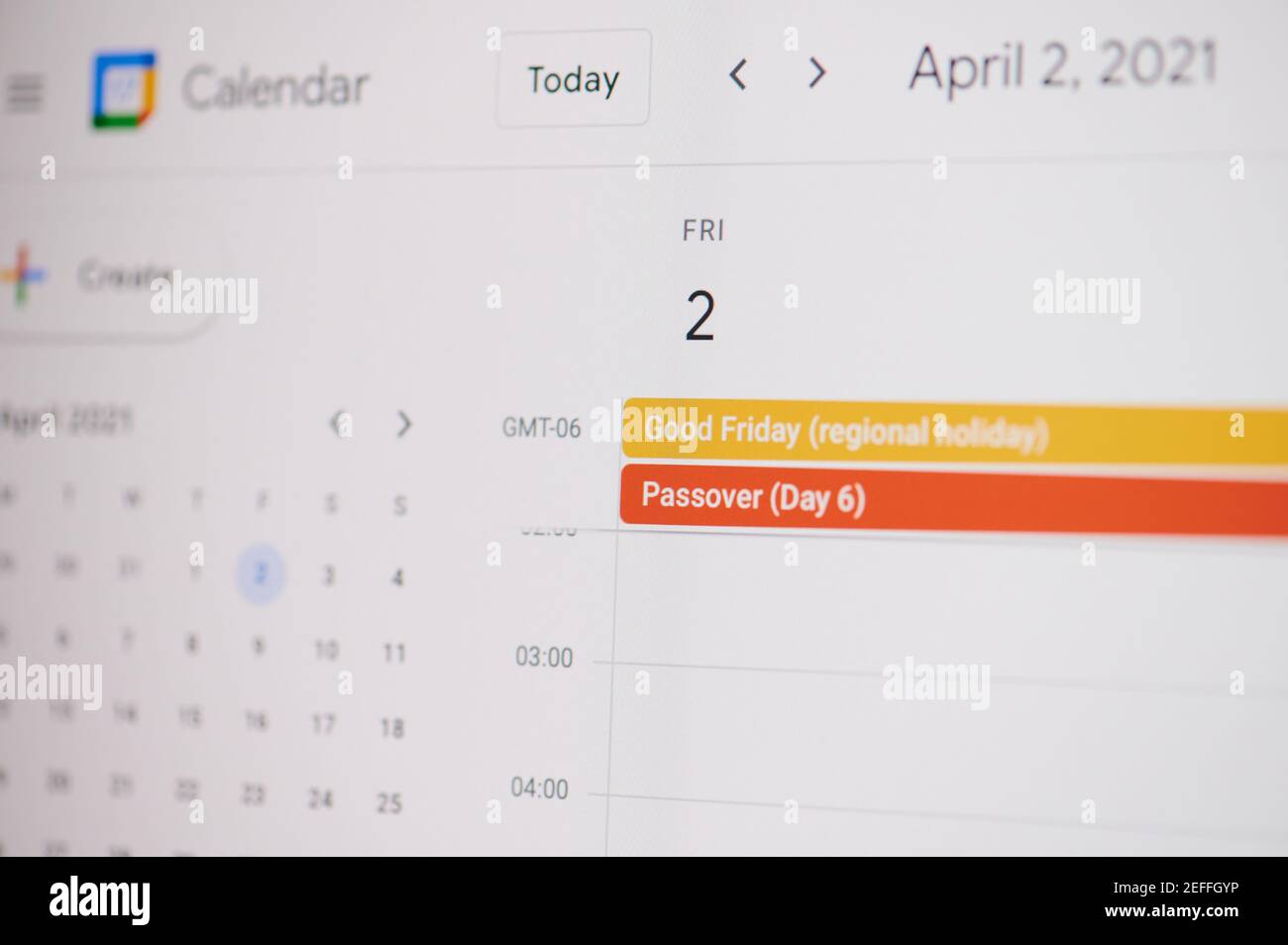New york, USA - February 17, 2021: Good Friday 2 of april on google calendar on laptop screen close up view. Stock Photo