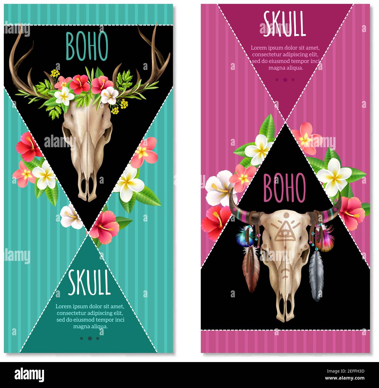 Realistic set of two vertical colorful banners with cow skulls decorated with flowers and feathers in boho style isolated on white background vector i Stock Vector