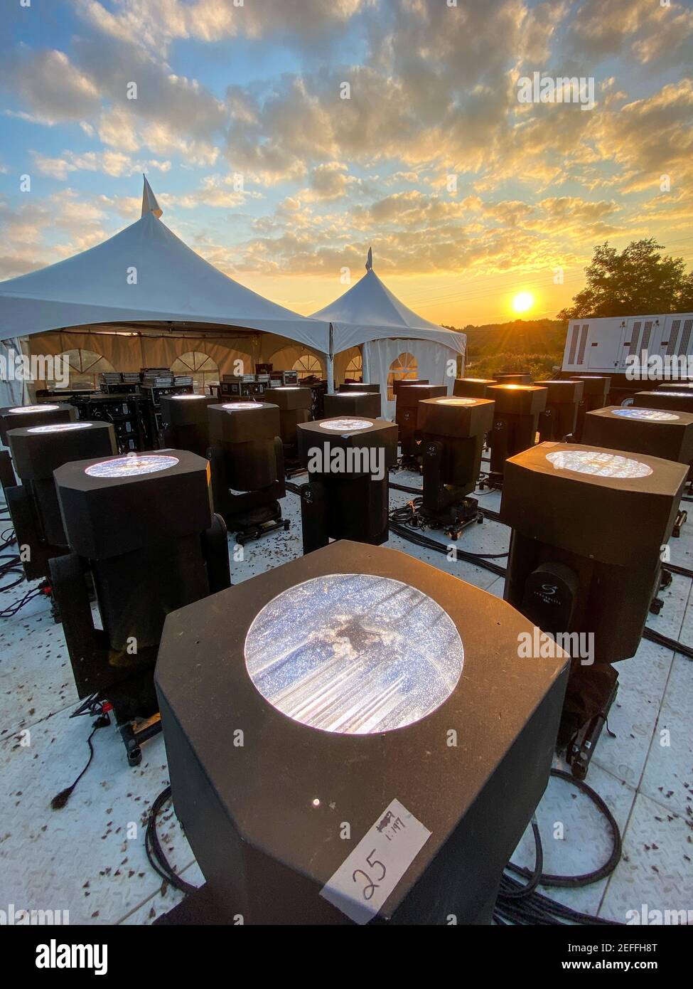 Professional grade lighting equipment sitting at sight ready for the evening, Shanksville, PA Stock Photo