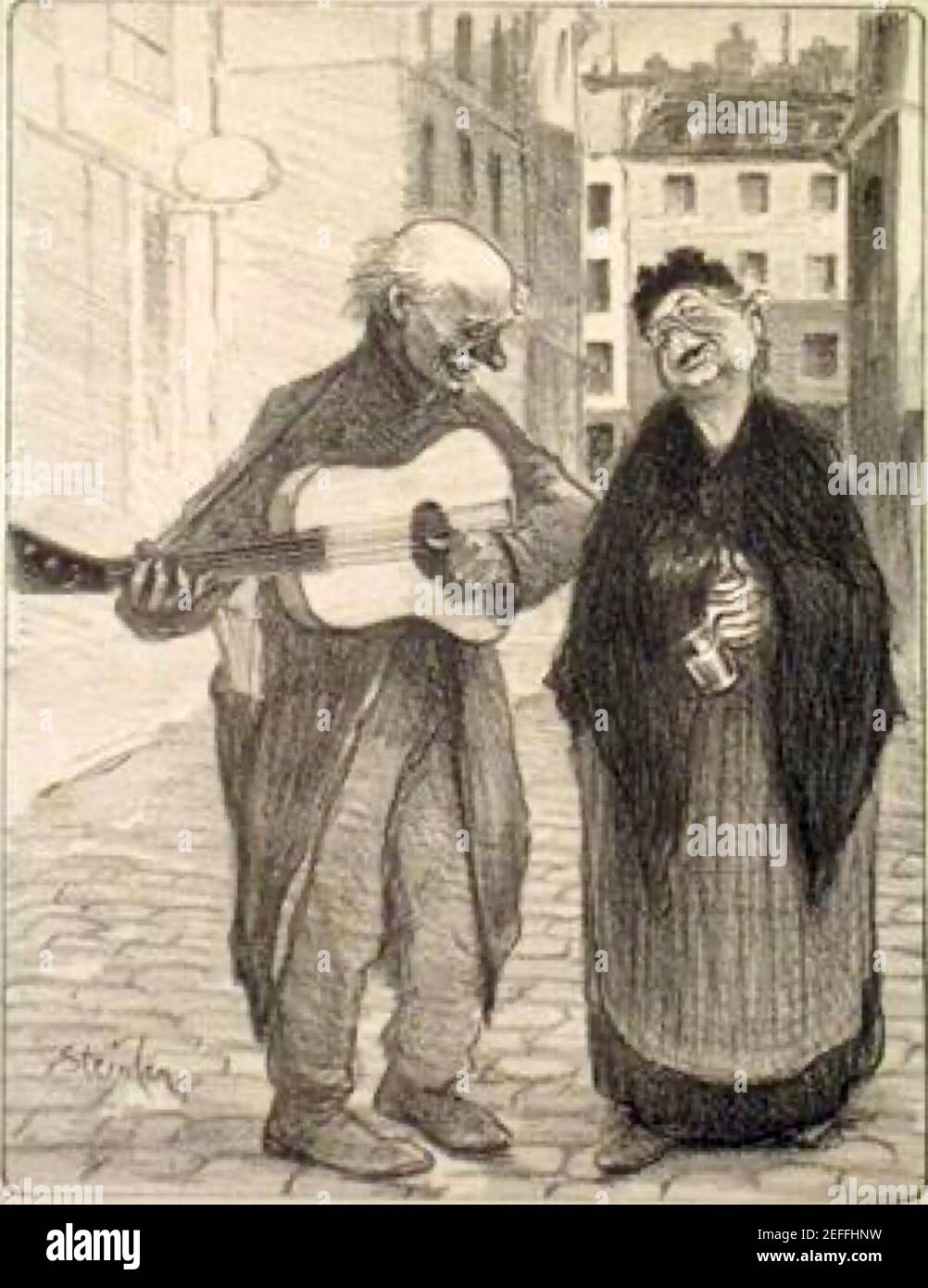 Theophile Steinlen artwork entitled Vous Etes Jolie or You Are Pretty. An elderly gentleman sings and plays guitar to a smiling lady. Lovely picture. Stock Photo