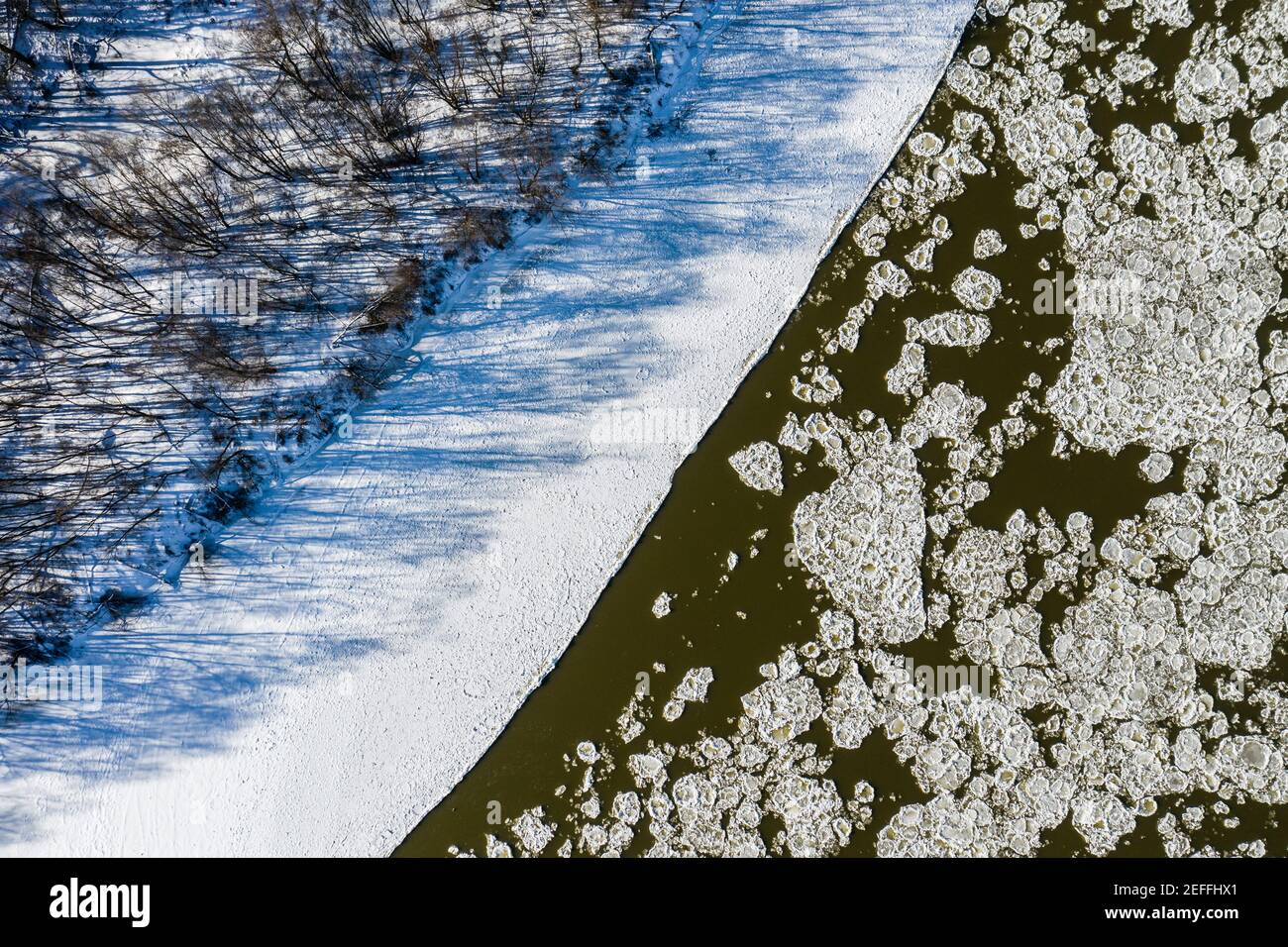 Ice floe on the river aerial view Stock Photo